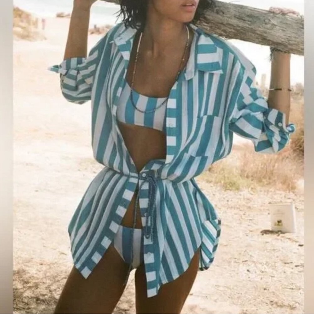 Solid & Striped Oxford stripe tunic shirt blue peacock